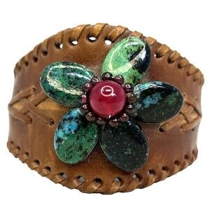 Gorgeous Leather Cuff Bracelet Stone & Beaded Flower Handcrafted in Thailand